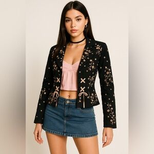 Nanette Lepore VTG Y2K Silk Floral Embroidered Lace Up Blazer Sz 4 Babydoll